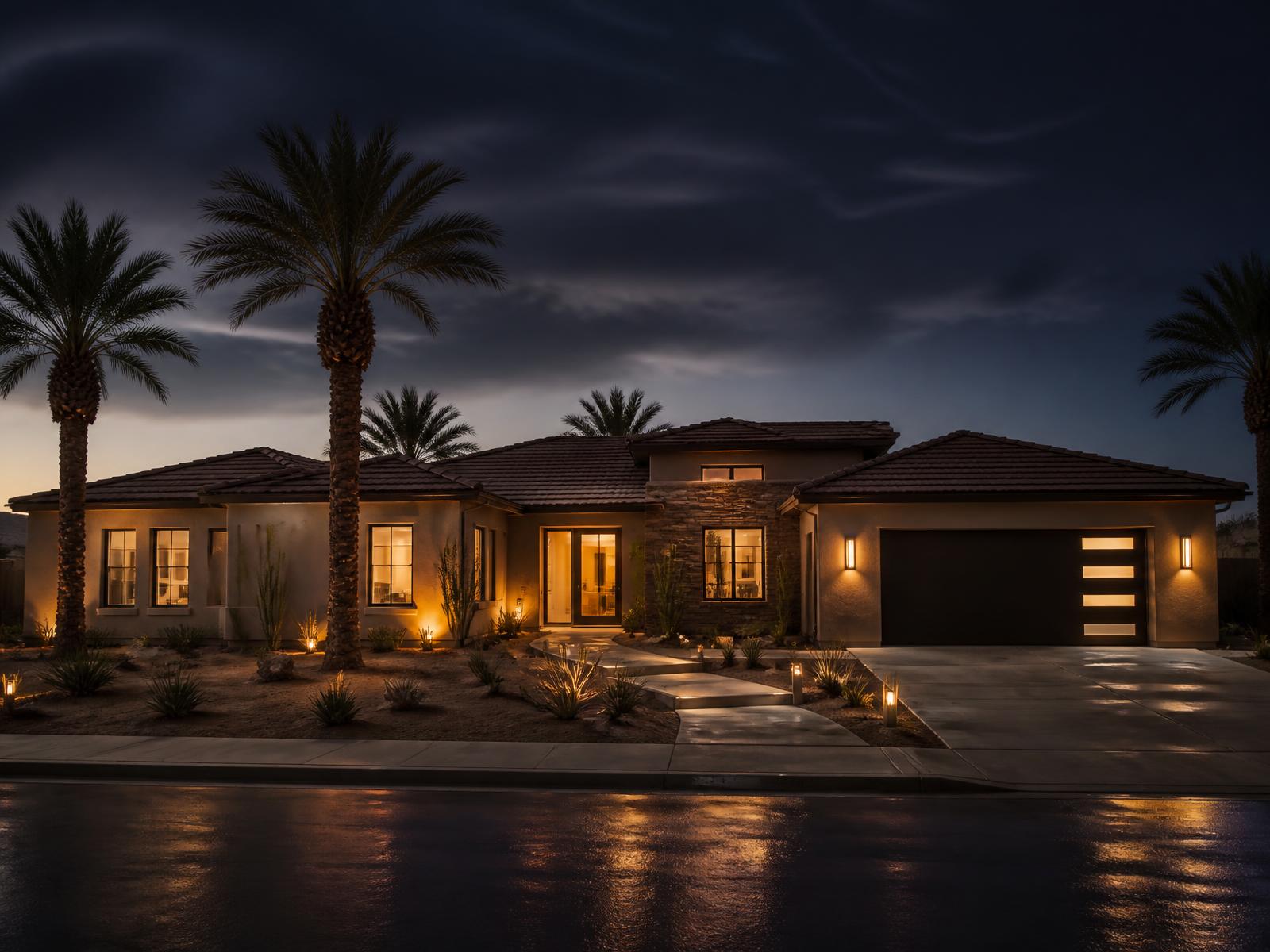 Bakersfield California home at dusk with warm lights on, purchased for cash by a local home buyer